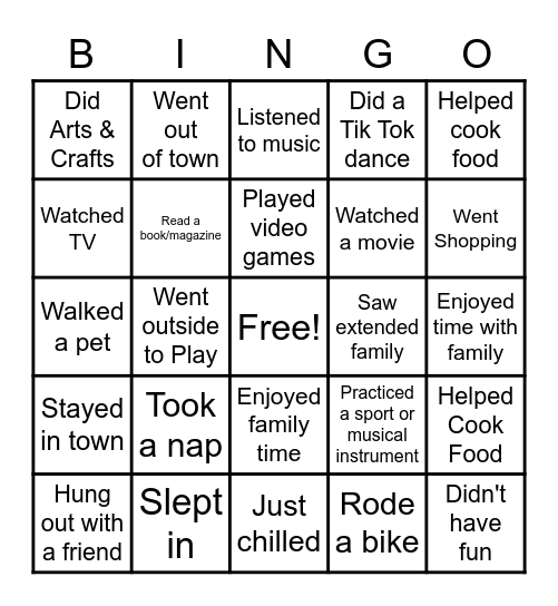 Spring Break Bingo Card