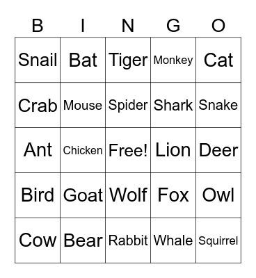 Animal Bingo Card