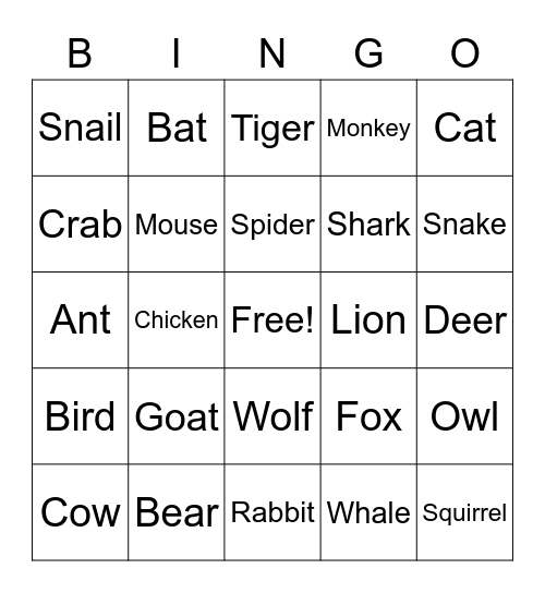 Animal Bingo Card