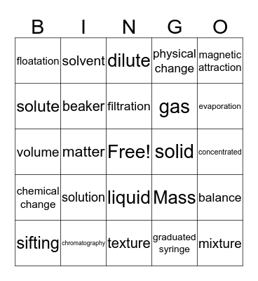 Matter and Mixtures Bingo Card