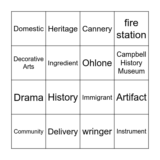 Campbell History Museum vocabulary Bingo Card