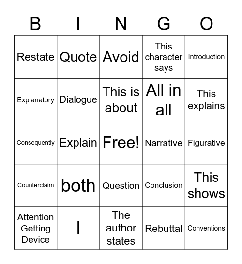 Blended Writing Framework Bingo Card