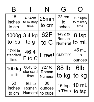 Medical Math Bingo Card