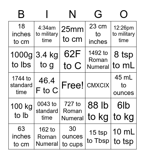 Medical Math Bingo Card