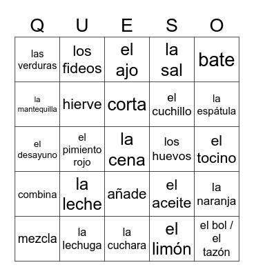 Cocinar en español Bingo Card