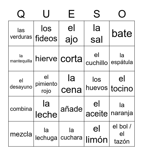 Cocinar en español Bingo Card