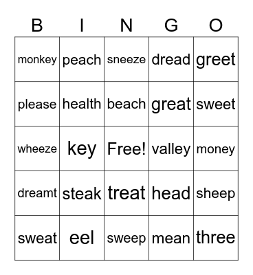 (ee, ea, and ey) VOWEL TEAM BINGO Card