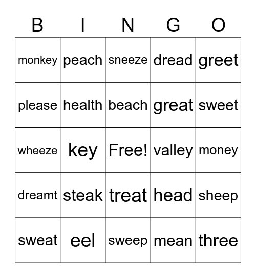 (ee, ea, and ey) VOWEL TEAM BINGO Card