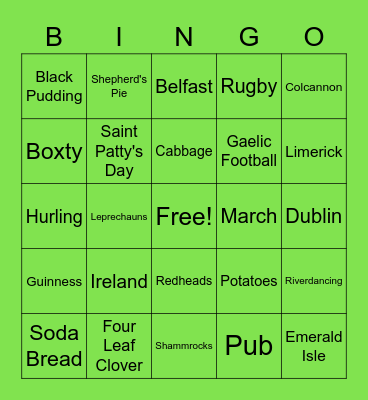 Irish American Heritage Month Bingo Card