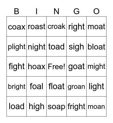 VOWEL TEAM BINGO (oa and igh) Bingo Card