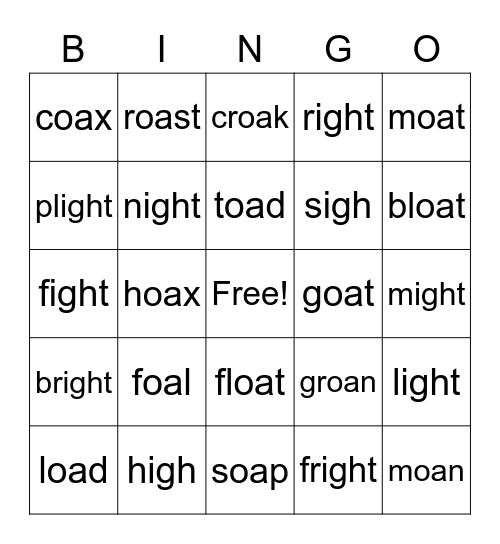 VOWEL TEAM BINGO (oa and igh) Bingo Card