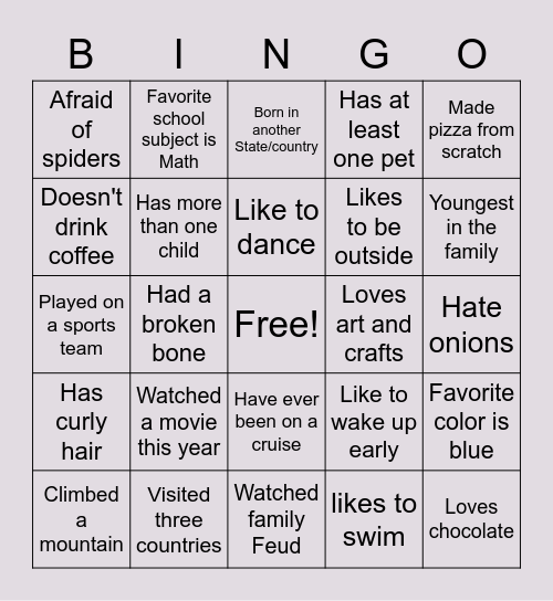 Get To Know You Bingo Card