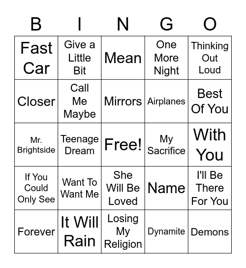 Acoustic Covers Bingo Card