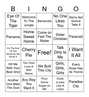 80s Rock Hits! Bingo Card