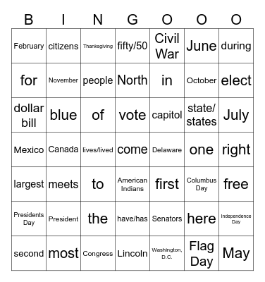 Civics Test Vocabulary Bingo Card
