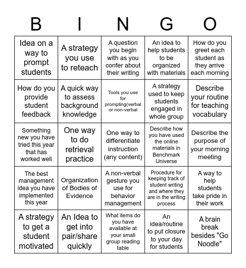 Show and Tell Bingo Card