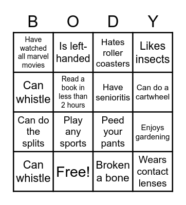 BODY Positivity Bingo Card