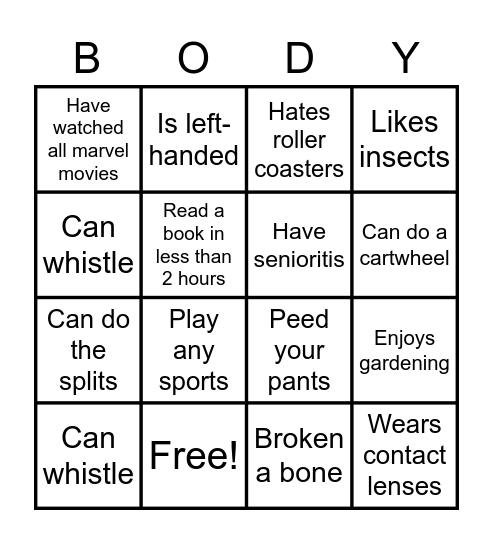 BODY Positivity Bingo Card