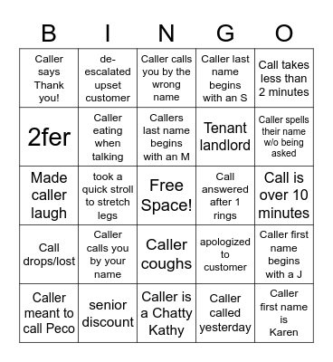 Lowry Call Center BINGO! Bingo Card