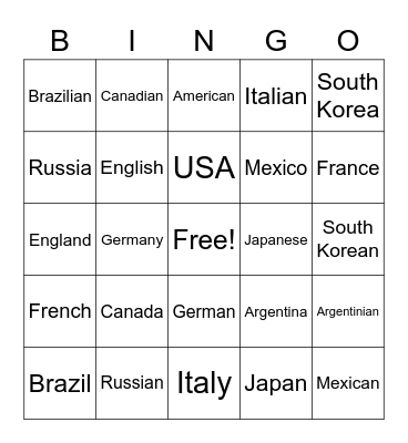 Nations Bingo Card