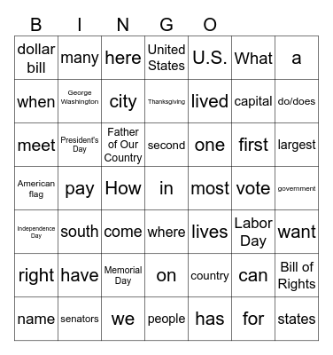 Reading Vocabulary - for Civics Test Bingo Card