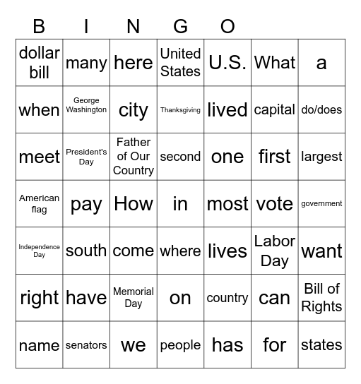 Reading Vocabulary - for Civics Test Bingo Card