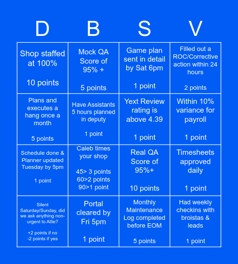 Manager Getaway Bingo Card