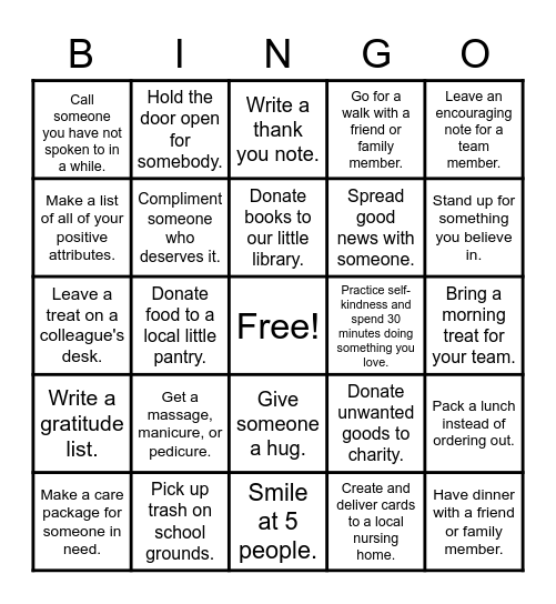 Kindness Challenge Bingo Card