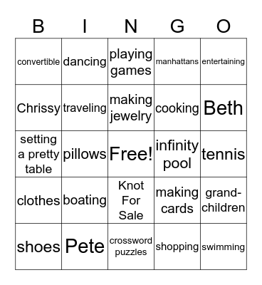 Ginnie's 70th birthday Bingo Card