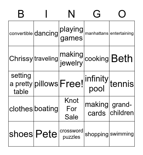 Ginnie's 70th birthday Bingo Card