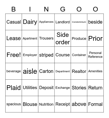 Vocabulary from Units 2, 3 and 4 Bingo Card