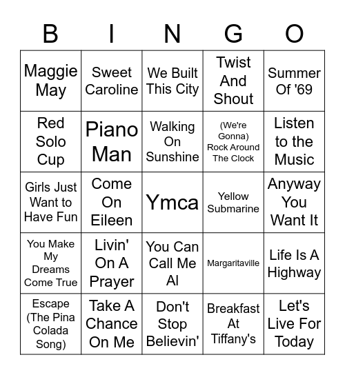 Songs Almost Everyone Knows Bingo Card