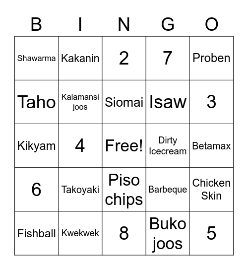 Pinoy Streetfood Bingo Card