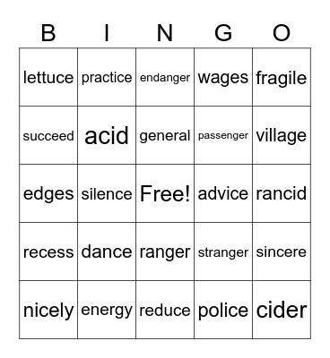 Soft C & Soft G Bingo Card