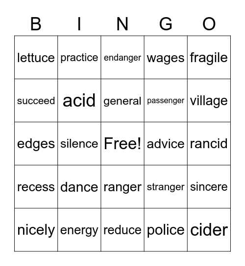 Soft C & Soft G Bingo Card