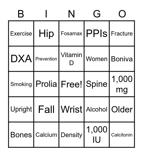 Osteoporosis Bingo Card