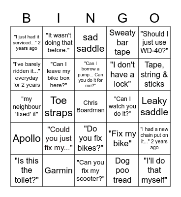BICYLE WORKSHOP Bingo Card