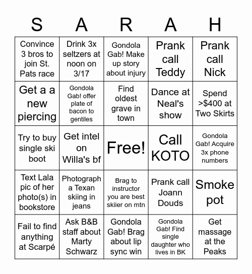 Mom's Telluride Bingo Card