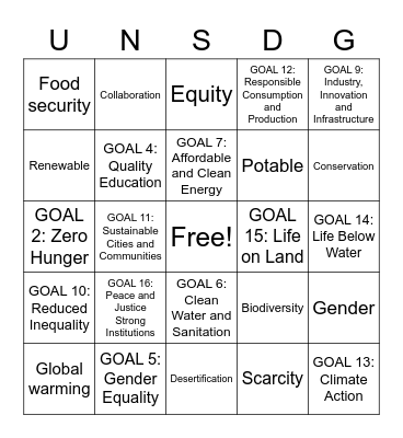 UN SDG Bingo Card