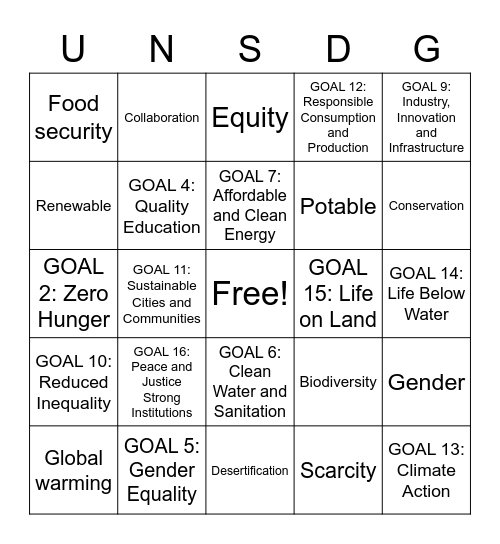 UN SDG Bingo Card