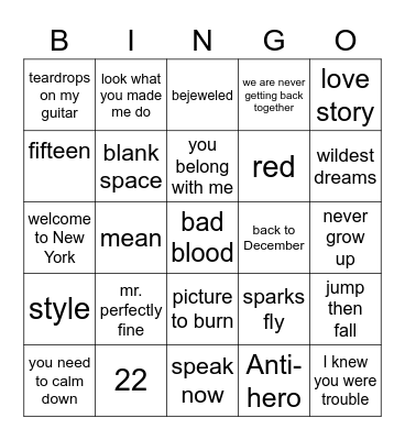 Taylor Swift! Bingo Card
