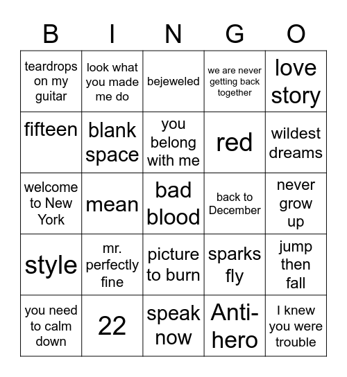 Taylor Swift! Bingo Card