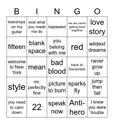 Taylor Swift! Bingo Card