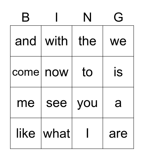 Kinder Words Bingo Card