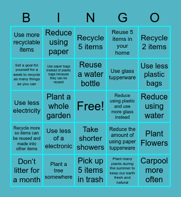 Reuse, Reduce, Recycle Bingo Card