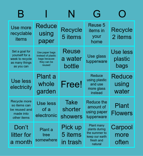 Reuse, Reduce, Recycle Bingo Card
