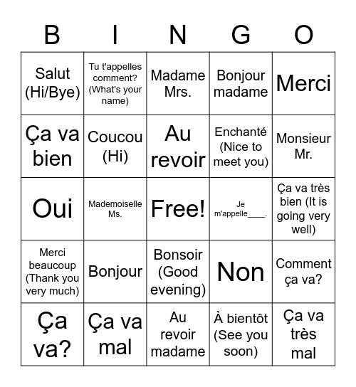 Greetings Les Salutations Bingo Card