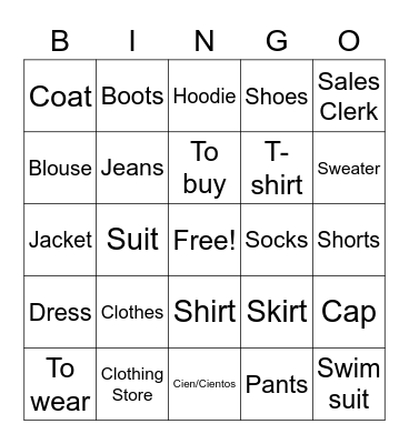 Clothing and Numbers Bingo Card