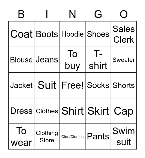 Clothing and Numbers Bingo Card