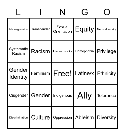 Inclusive Lingo Bingo Card